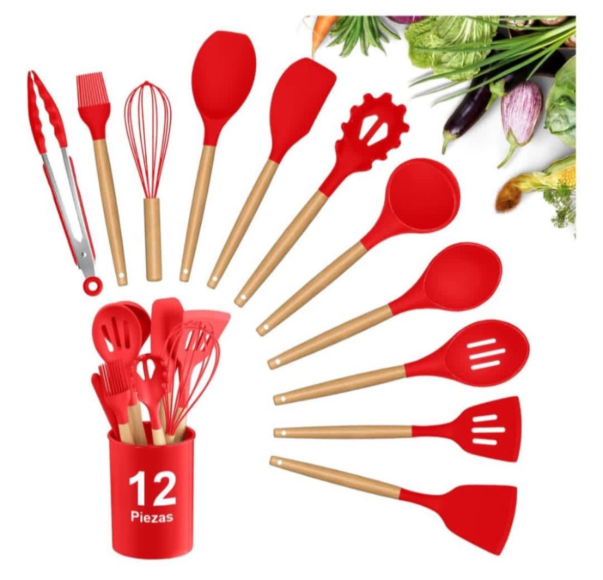 Utensilios de silicona rojos 12 piezas